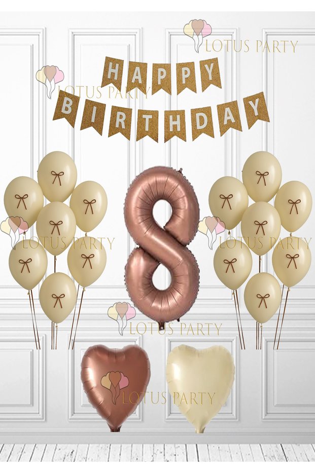 Retro Birthday Set - Balloon with Ribbon - Brown Heart Balloon - Kraft Happy Birtyday Banner 8 Years Old