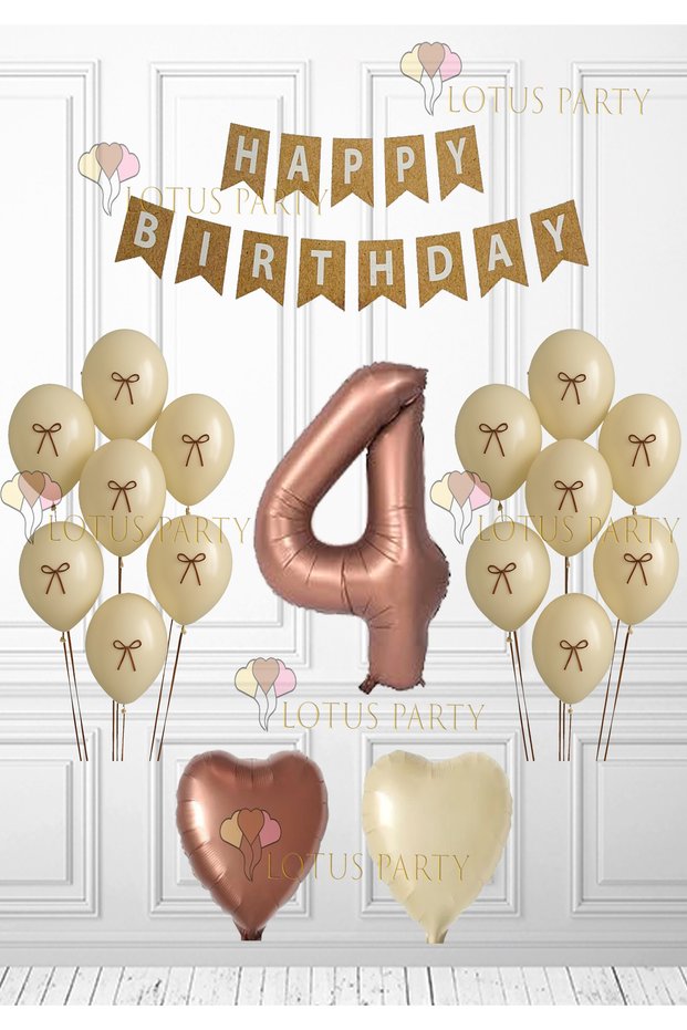 Retro Birthday Set - Balloon with Ribbon - Brown Heart Balloon - Kraft Happy Birtyday Banner 4 Years Old