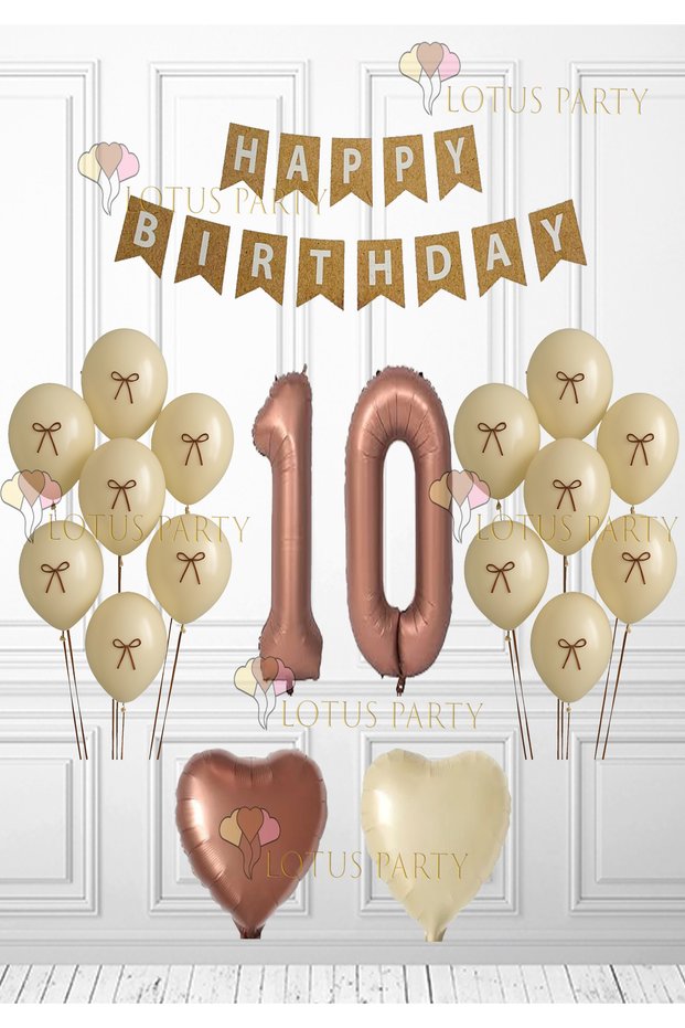 Retro Birthday Set - Ribbon Balloon - Brown Heart Balloon - Kraft Happy Birtyday Banner 10 Years Old