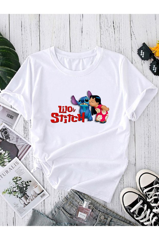 Printed Lilo Stitch Women's Unisex Oversize Crew Neck Printed T-Shirt White Black Gray Tshirt