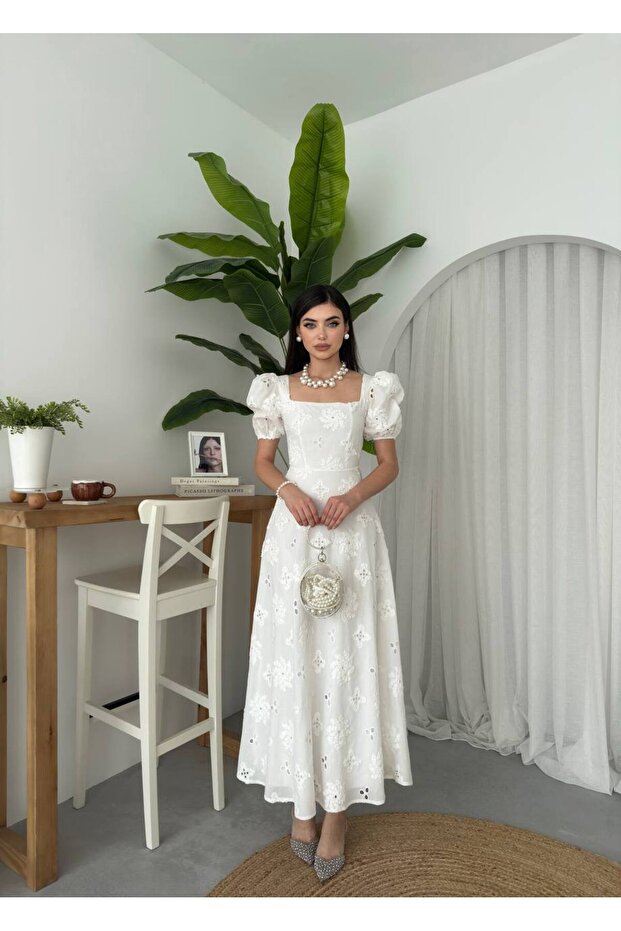 White Square Neck Eyelet Embroidery Long Dress