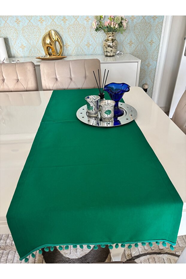 Green Pompom Runner 1 Piece Rectangular Tableware Kitchen Garden Presentation Cotton Dowry Fabric - 3