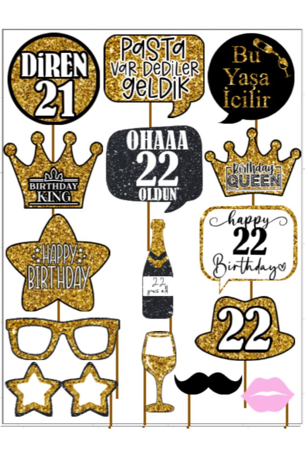 22 Year Old Women Men 15Pieces Gold Sparkle Slogans Birthday Party Speech Balloon Selfie Sticks