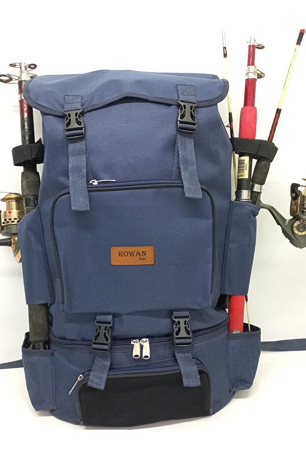 Rowan Fishing and Camping Bag with Thermal Bottom Compartment, Navy Blue Fishing Rod Fixing, Size 62*41*22 cm