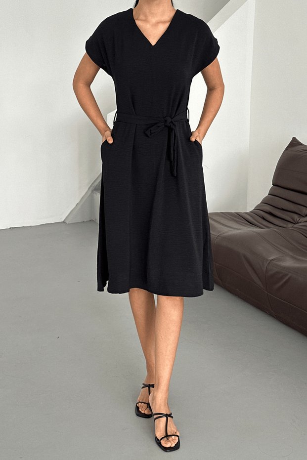 Women's Harber Black V-Neck Belted Dress Ayrobin Fabric, New Season Summer