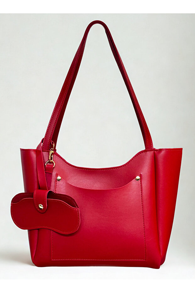 Women's Red Shopper Hand and Shoulder Bag with Front Pocket, Glasses Case, Zipper and Snap Closure