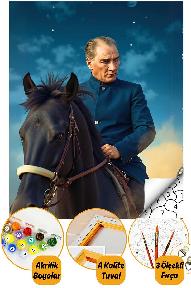 Sayılarla Boyama Numaralı Tuval Seti Fırça Boya Dahil 40x50cm - Atatürk At Üstünde - 1