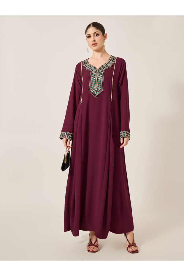 Embroidered Patch Work Pleated A-Line Jalabyia