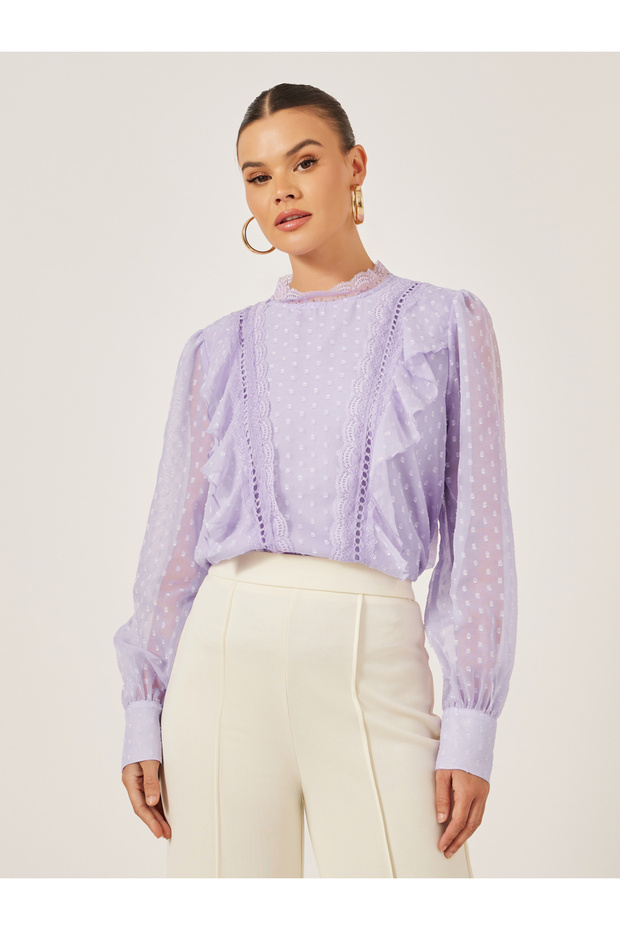 Dobby Balloon Sleeves Blouse with Lace Detail