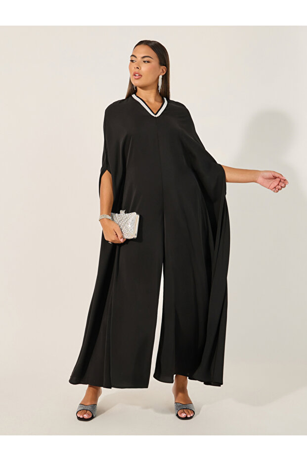 Embellished V Neck Wide Leg Cape Jumpsuit