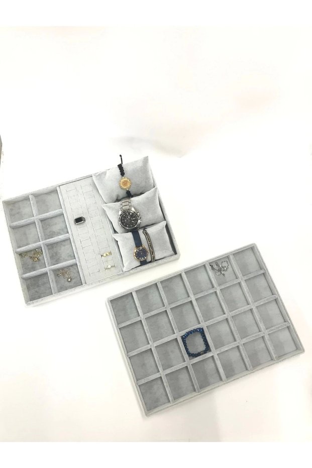 Domestic Production Suede Fabric Gray Color Double Set Drawer Inside Jewelry Stand