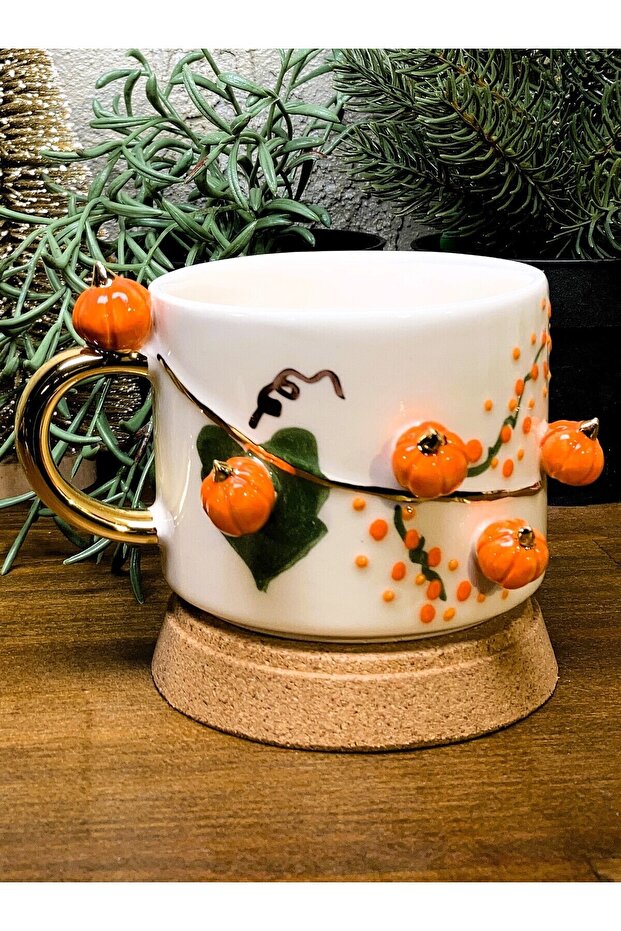 Pumpkin Embossed Mug, 24 Carat Gold Decorated, Handmade, Gift Halloween Mug