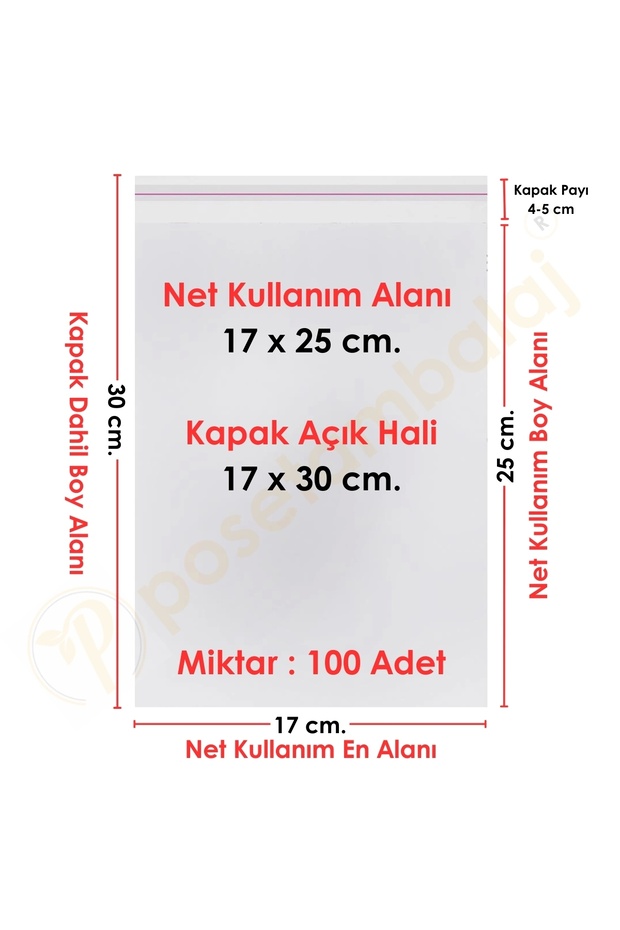 17x25 5 Cm. (17*30) 100 Adet - Şeffaf Bantlı Yapışkanlı Opp Jelatin Poşet - 1