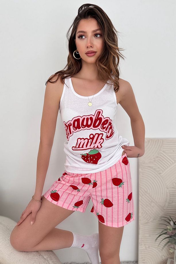 Kırmızı Pembe Pamuklu Şort Atlet Kadın Pijama Takımı - 1