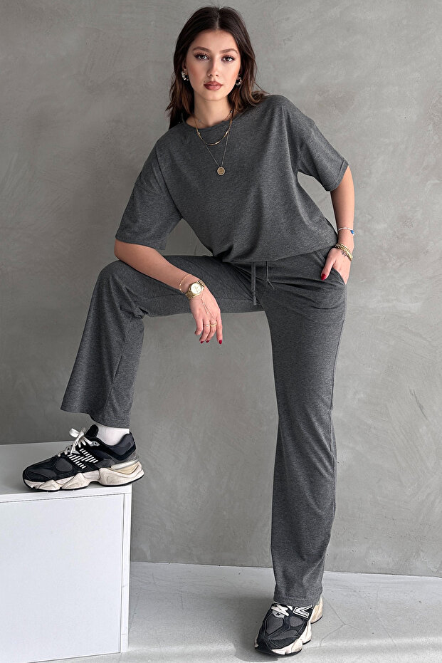 Anthracite Cotton Oversize T-Shirt Pants Women's Two Piece Set