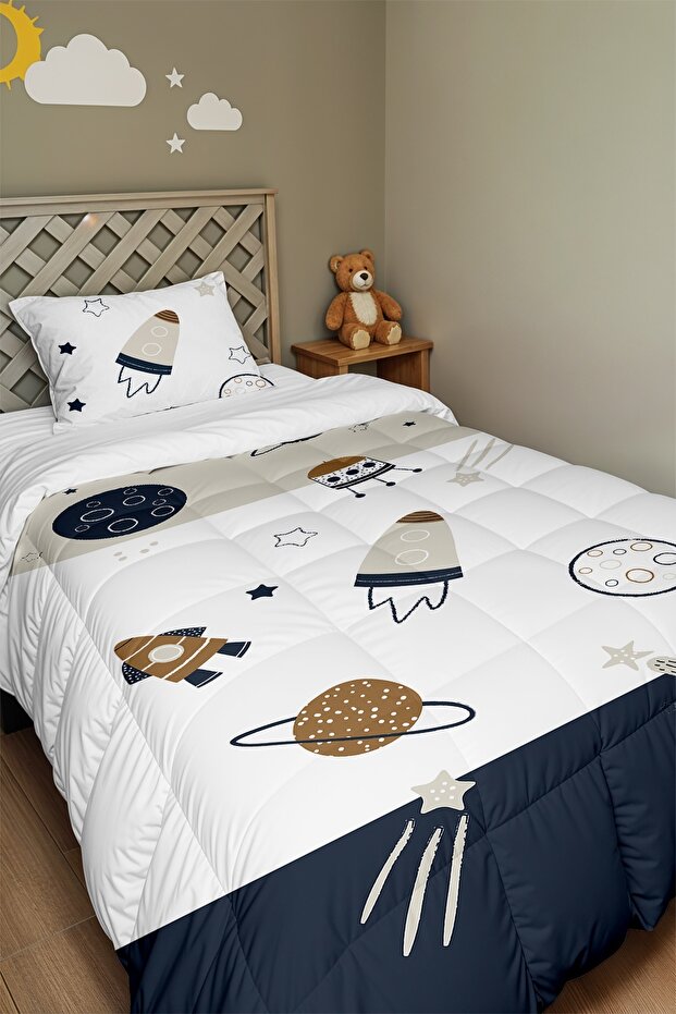 Space Vehicles Patterned Single Duvet and Pillowcase