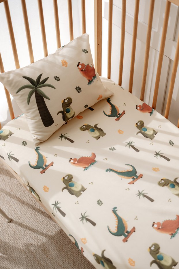 60X120 cm Baby Crib, Park Bed Elastic Sheet Set - Dinosaurs