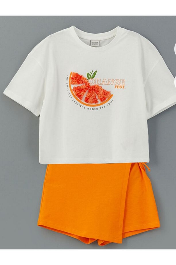 LCW Kids Ekru Bisiklet Yaka Kız Çocuk Tişört ve Şort Etek - 1