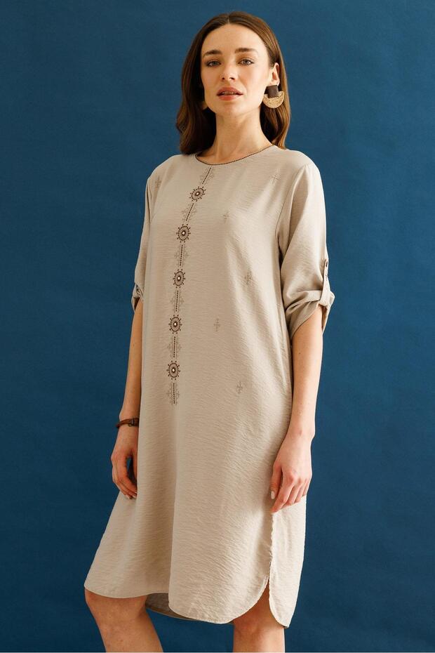 Women's Crew Neck Front Embroidered Dress Beige