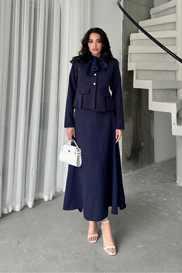 Navy Blue Bow Collar Detailed Burgundy Jacket Skirt Set