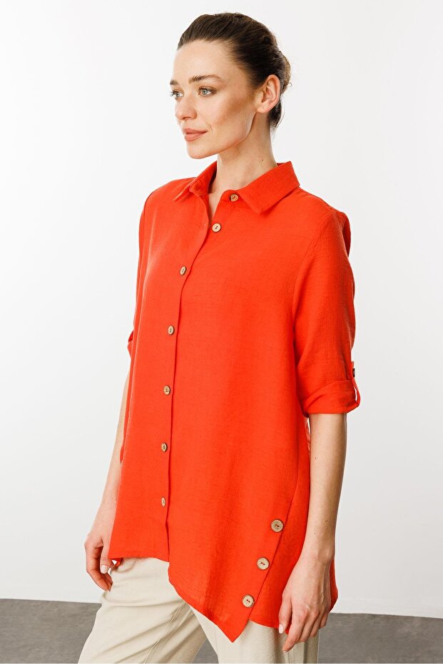 Women's Three Quarter Sleeve Linen Shirt Coral