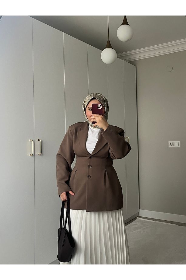Bel Pileli Astarlı Blazer Kahve - 3