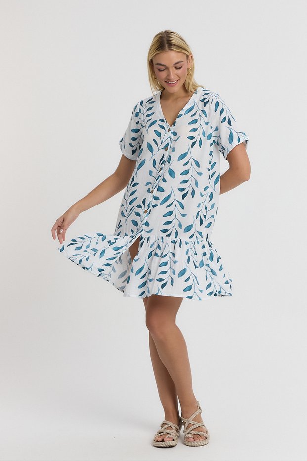 Women's Dress - Muslin Olive Branch Pattern Datça Dress - 3055