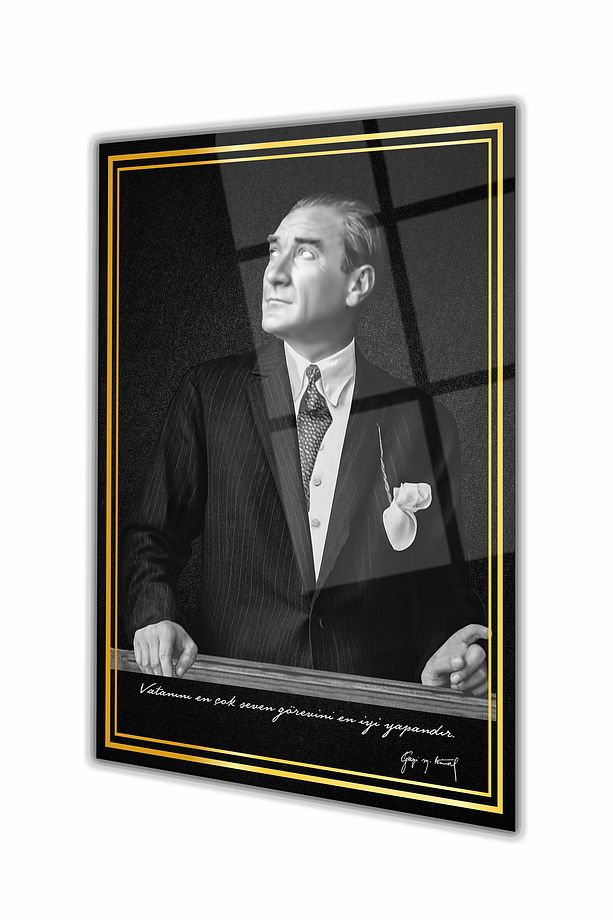 Atatürk Portre Dikey Cam Tablo, Ev, İş, Kurum, Ofis, Makam Odası Hediyelik Tablo - 1