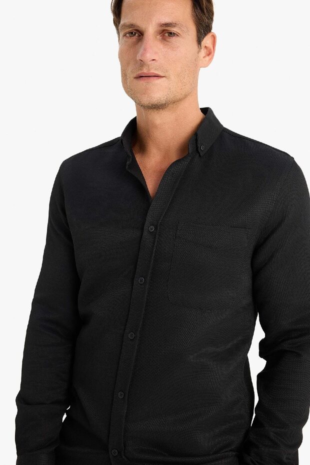 Slim Fit Slim Fit Polo Neck Textured Long Sleeve Shirt T2066Az25Sp