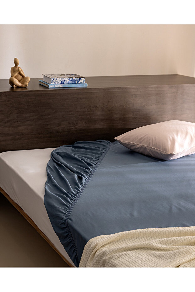 Ciel Single Plus 100% Cotton Elastic Satin Bed Sheet - Dark Blue