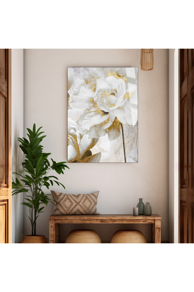 Hari̇kabi̇rev | Gold-White Soft Flower Themed Tempered Unbreakable Glass Table | Tmtekli̇