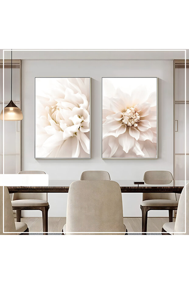 Hari̇kabi̇rev | Beige - Cream -White Abstract Flower (Jasmine) | Framed Glass Table 2 Pieces Vertical