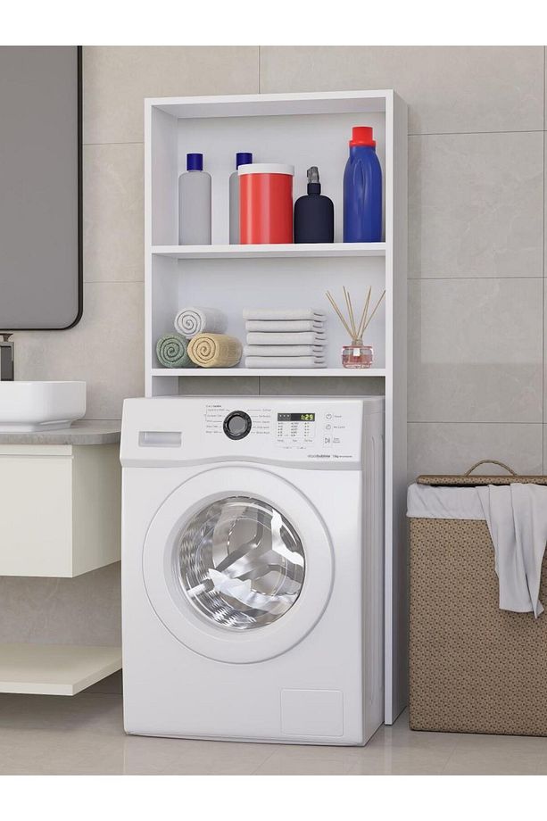 %100 MDF Çamaşır ve Kurutma Makinesi Dolabı, Beyaz Açık Raflı Çamaşır Makinesi Üstü Düzenleyicisi - 3