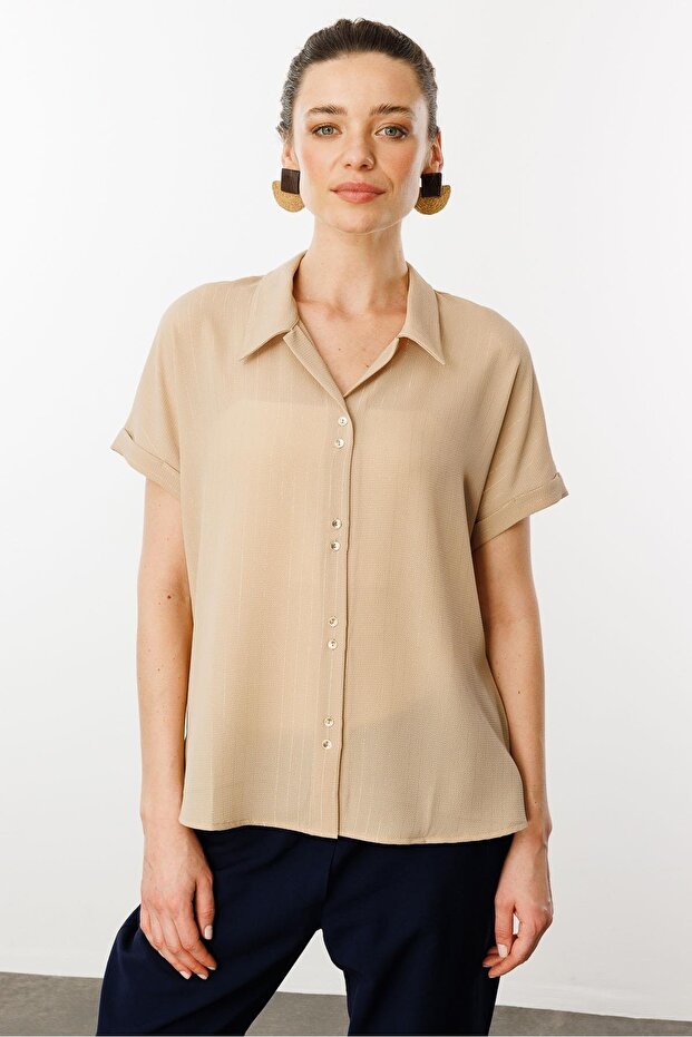 Women's Crepe Fabric Glittery Shirt Mink