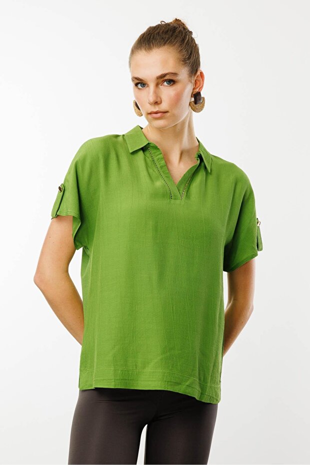 Women's Polo Collar Low Sleeve Shirt Green