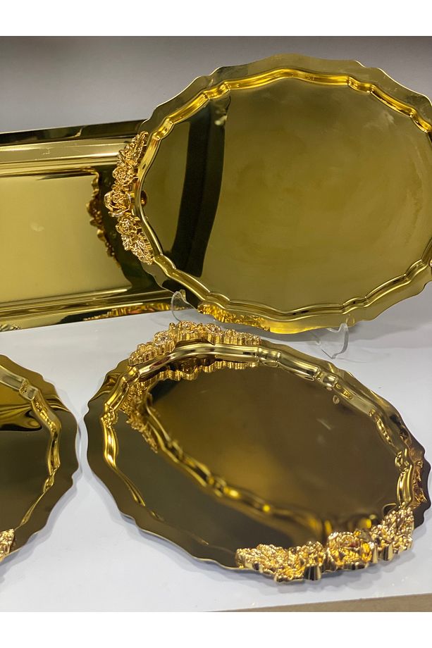 GOLD RENK 3 ADET OVAL 3 ADET DİKDÖRTGEN KULPLU MODEL SERVİS VE SUNUM TEPSİSİ - 2
