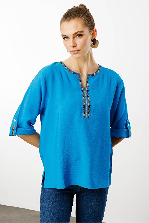 Women's Open Collar Collar Ethnic Embroidered Shirt Cobalt blue