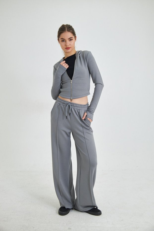 Modal Cardigan with a Hood and Zipper and Wide Leg Tailored Pants Modal Fabric