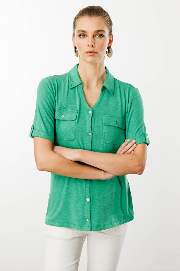 Women's Combed Cotton Shirt with Chest Pockets Green