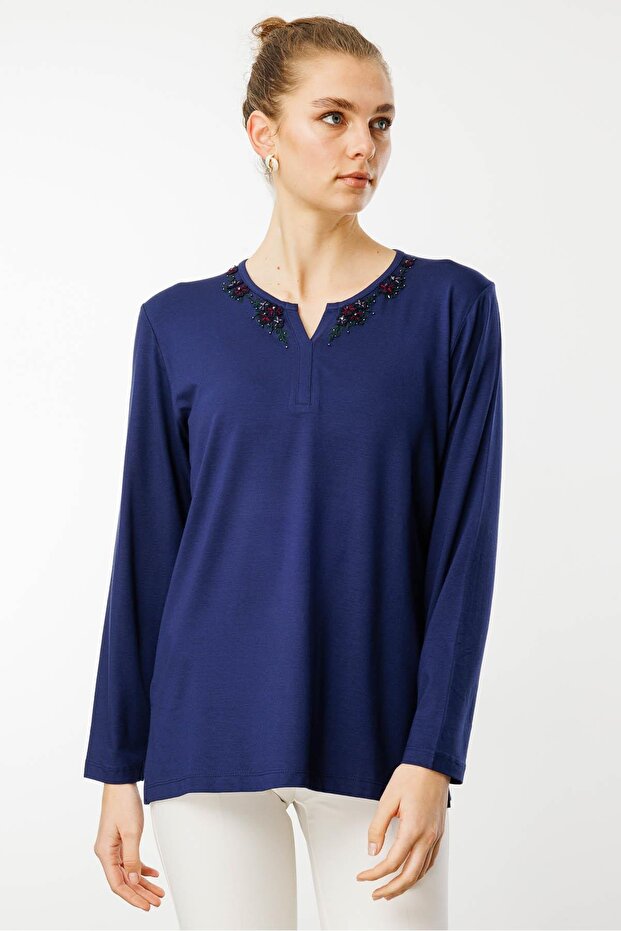 Women's Open Collar Lace Flower Embroidered Combed Cotton Blouse Navy Blue