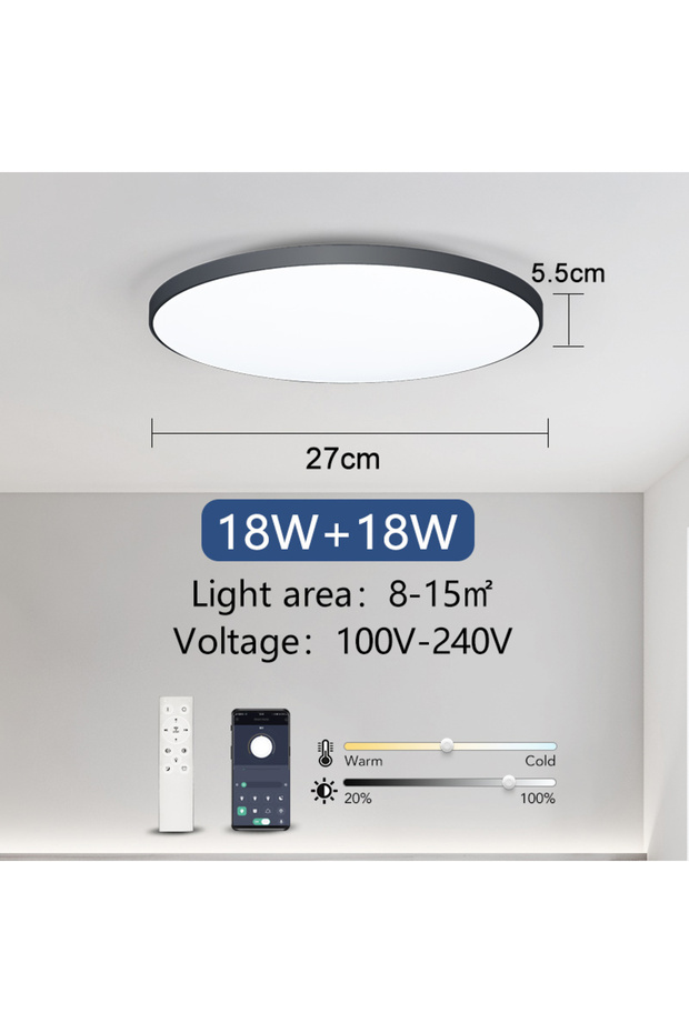 مصباح سقف ذكي LED قابل للتغيير 36 واط مع حافة سوداء، مصابيح سقف LED حديثة قابلة للتعتيم 36 واط 50 واط مع