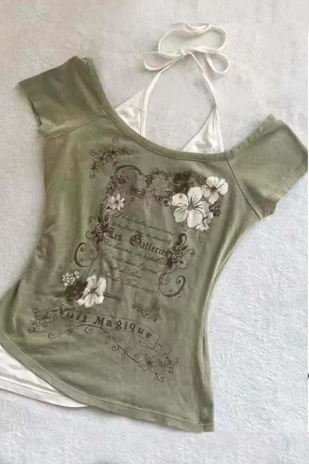 Khaki Nuit Magique Madonna Collar with Additional Strap Gothic Y2K Short Sleeve Full Body Crop