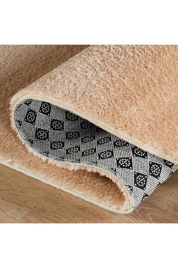 Puffy Peluş Halı Oval Bej Yumuşacık Yıkanabilir Kaymaz Taban Yolluk Oturma Odası Mutfak - 3
