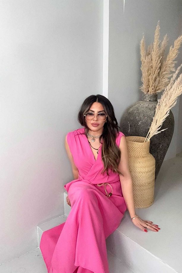 Kruvaze Kolsuz Hasır Örme İp Detay Elbise Pembe - 5