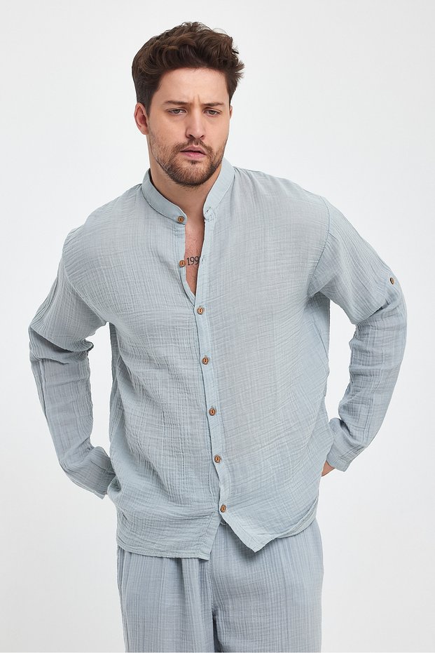 Men's Shirt - Muslin Judge Collar Long Sleeve Men's Shirt-4050