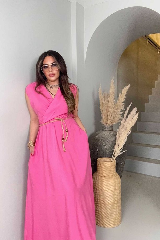 Kruvaze Kolsuz Hasır Örme İp Detay Elbise Pembe - 7