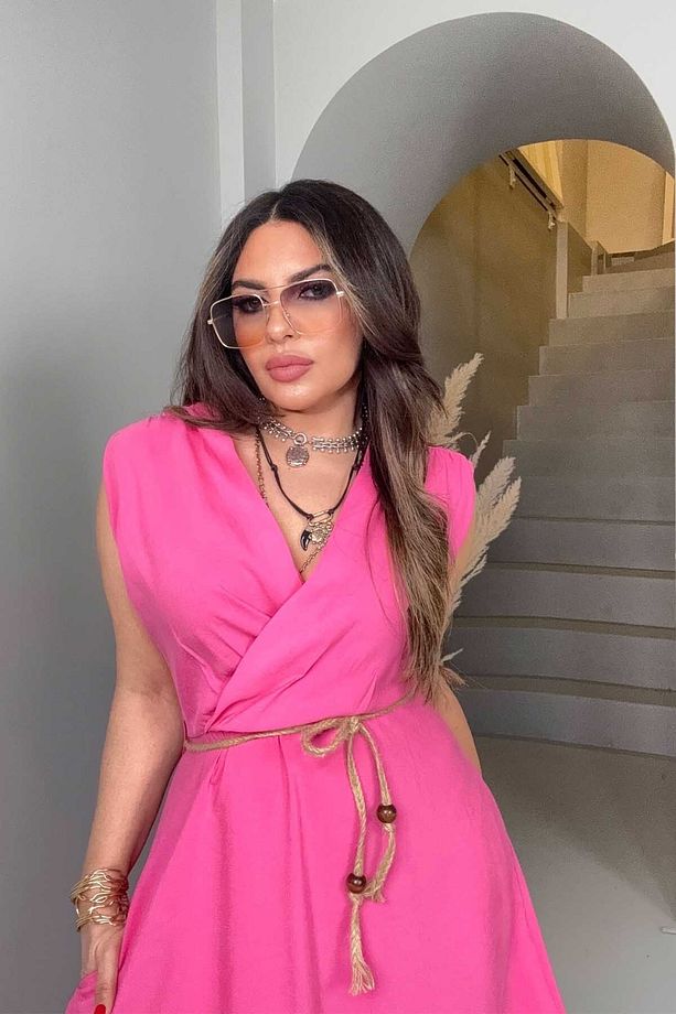 Kruvaze Kolsuz Hasır Örme İp Detay Elbise Pembe - 4