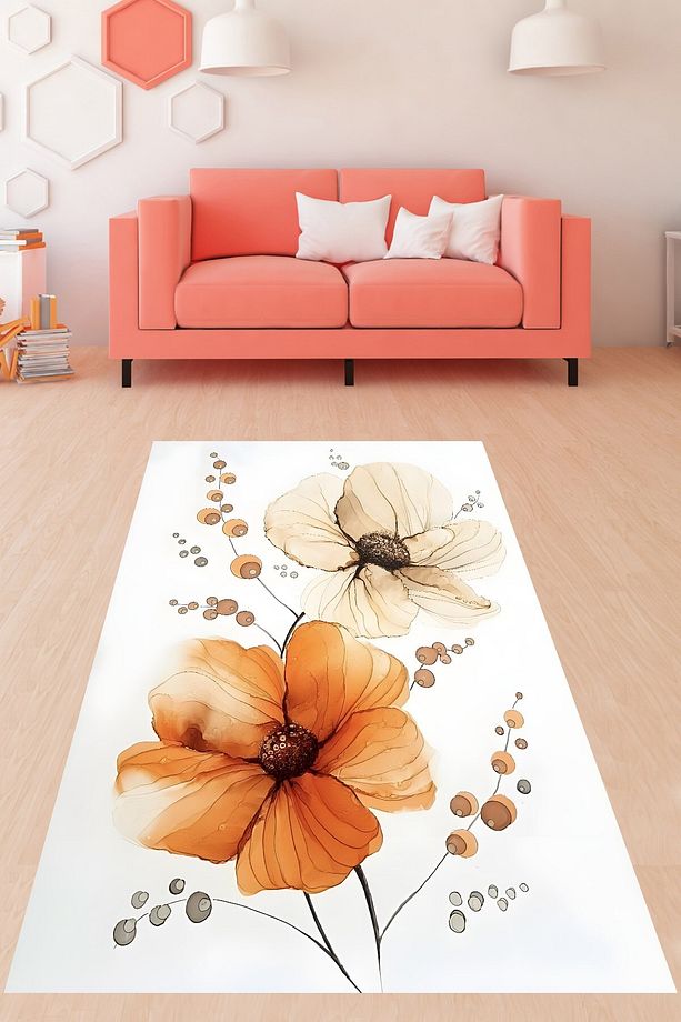 Çiçek Desenli Minimalist Soyut Desenli Yıkanabilir Kaymaz Taban Leke Tutmaz Salon Halısı Yolluk - 2