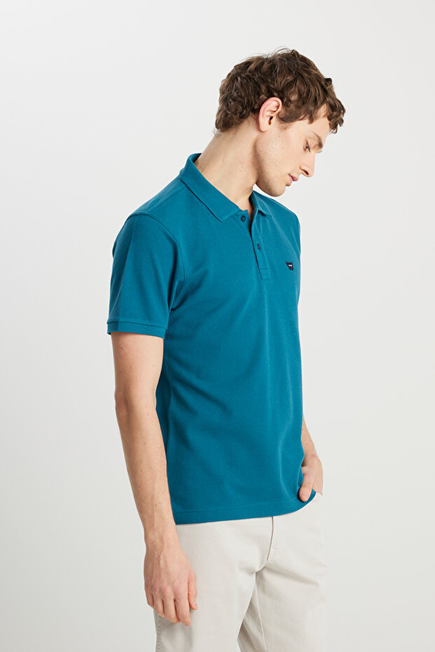 100% Cotton Regular Fit Regular Cut Petrol Color Polo Neck T-Shirt