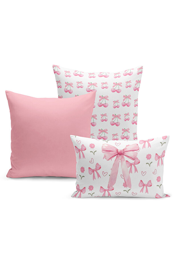 Cherry Series Double-Sided Digital Printed 3-Piece Throw Pillow Cover Set (Cherry with Bow)